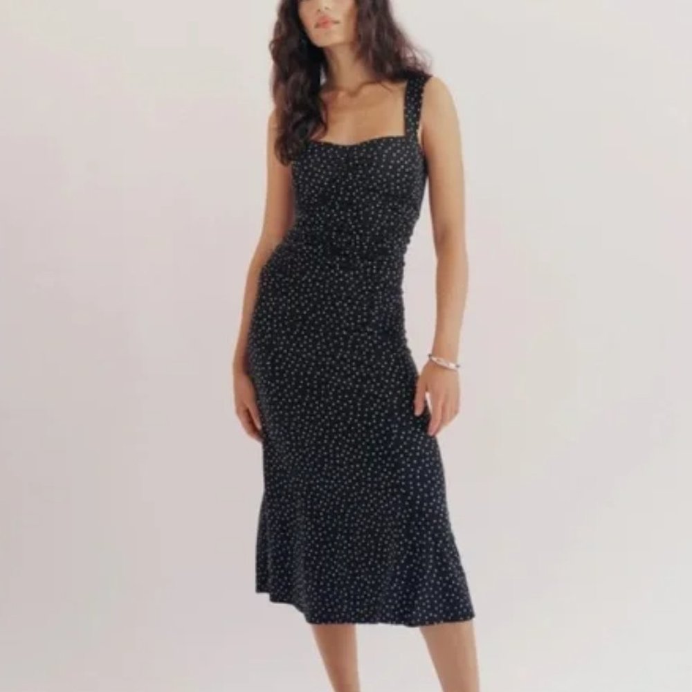 Reformation Dress Suvi Knit Midi Ruched in Black Polka Dot
